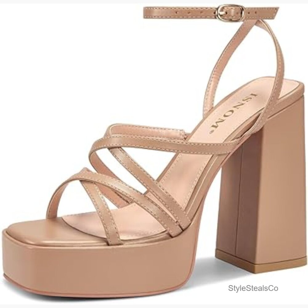 Platform Chunky Heels with Square Toe and Ankle Strap